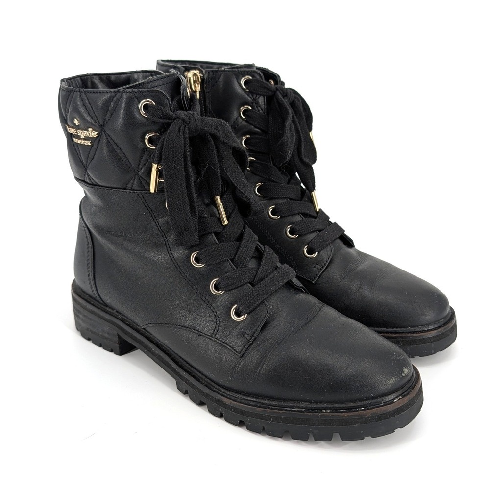 Kate Spade‎ Billie Quilted Leather Combat Boots Black Lug Sole Size 6B